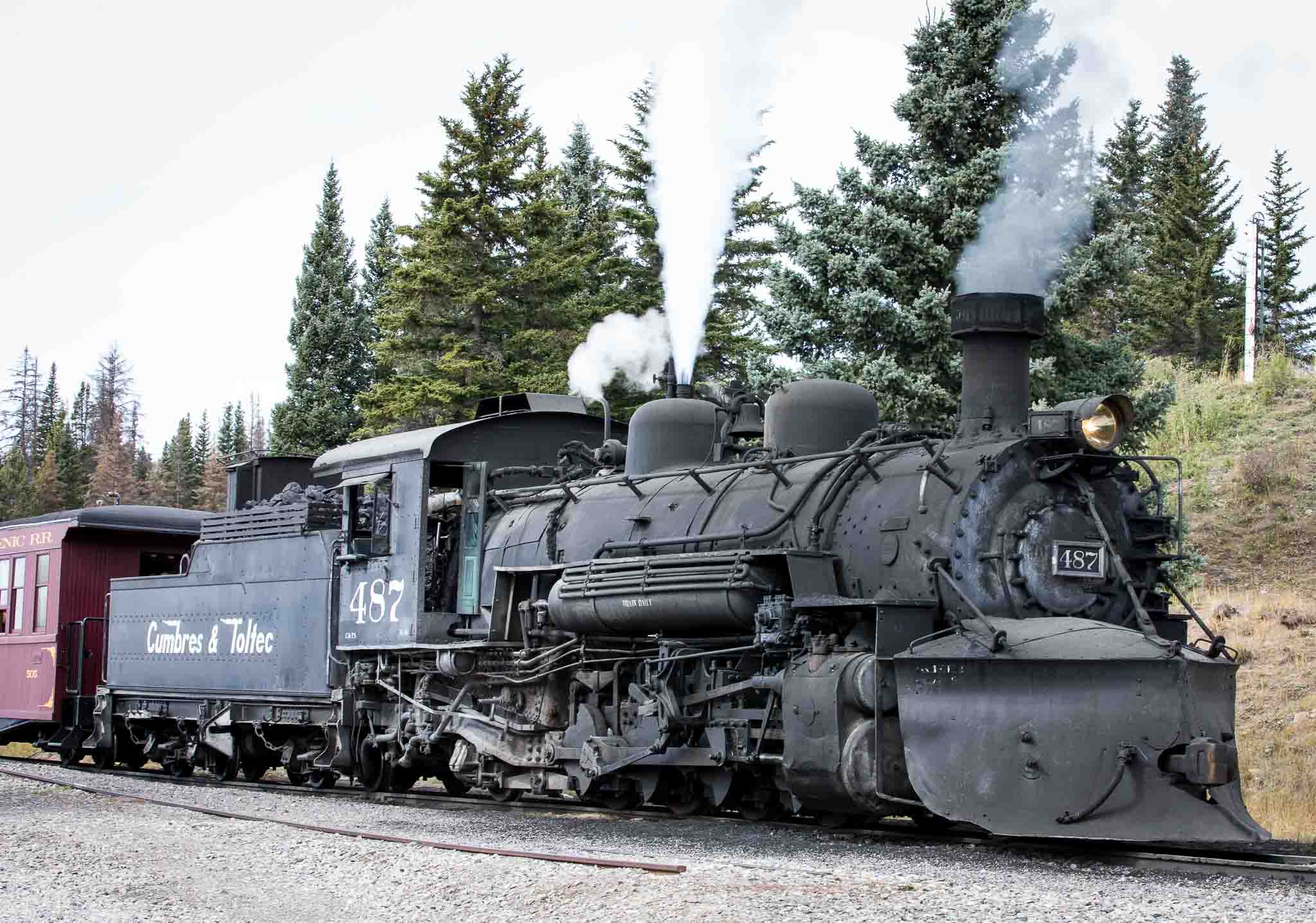 Cumbres & Toltec engine letting off steam at top of Cumbres Pass, October 8, 2014