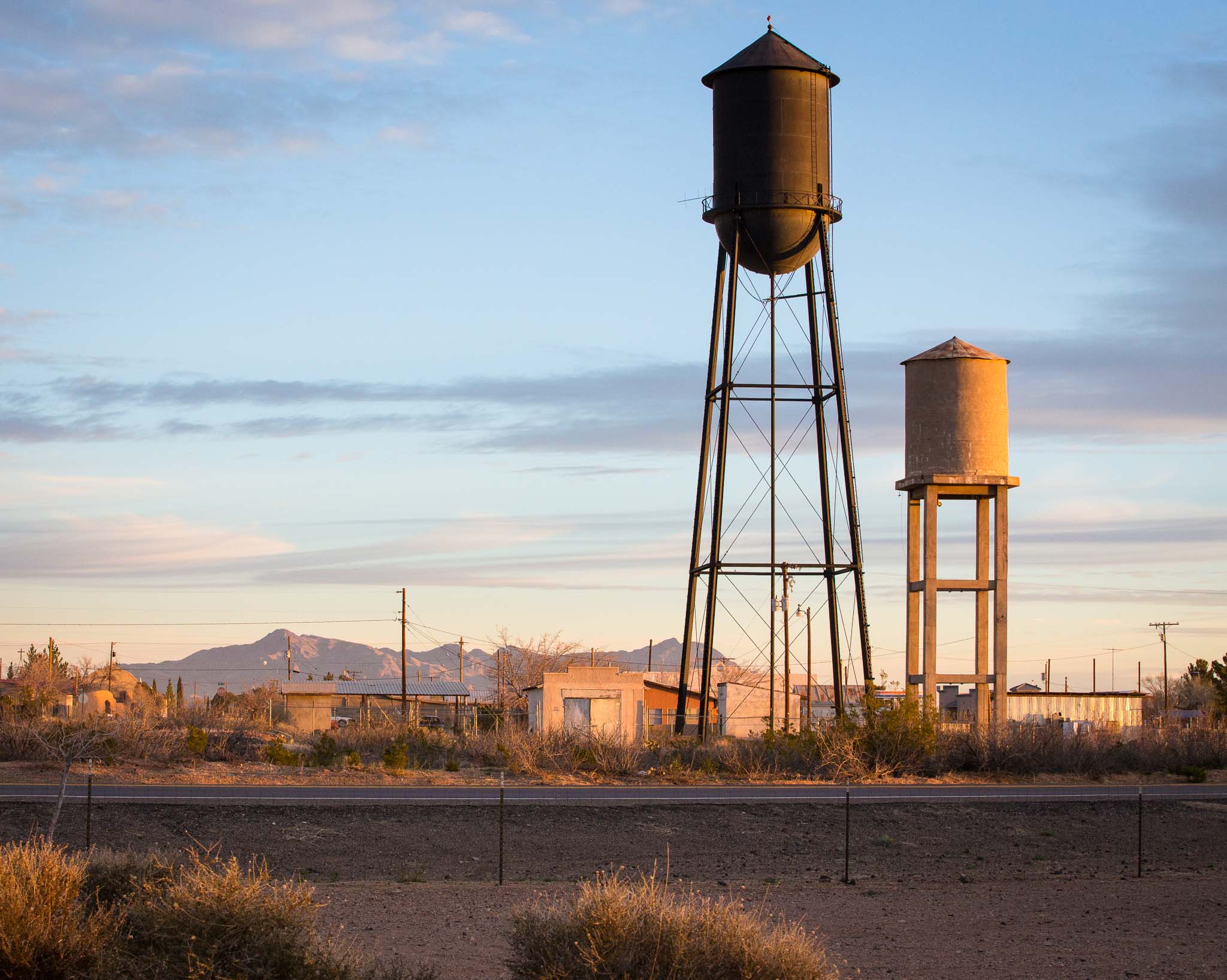 Water towers at sunrise, Columbus NM, February 20, 2015