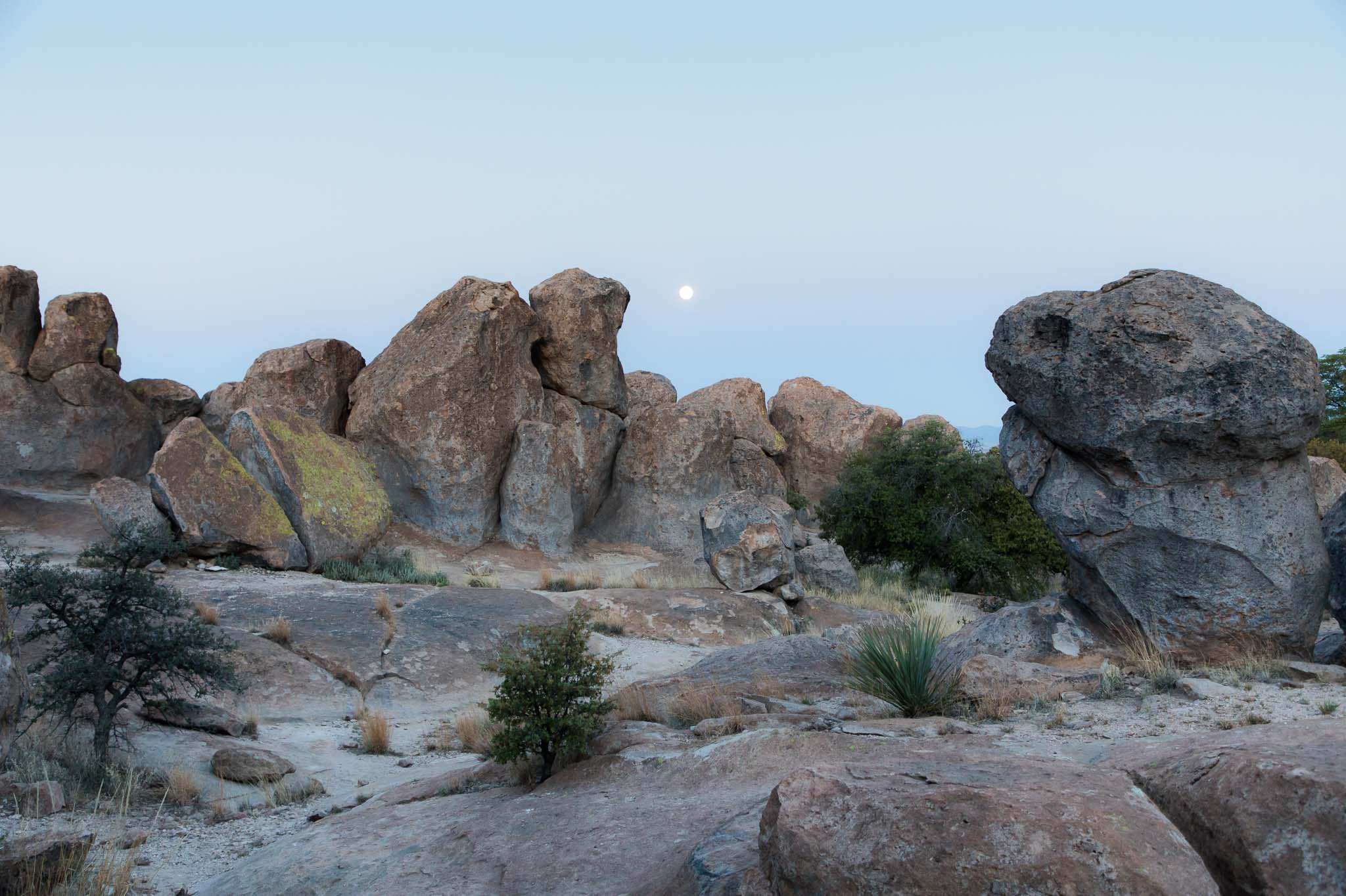 Moonset over rock formations, City of Rocks State Park, Faywood NM, April 11, 2017
