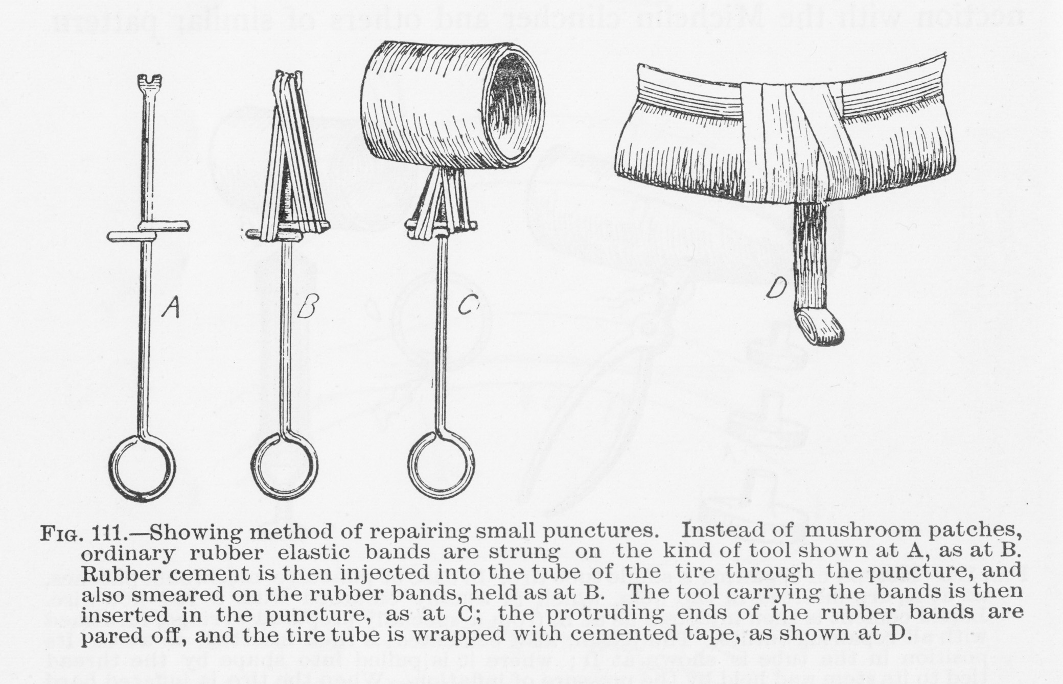 Tire patch method illustrated in Self Propelled Vehicles, 1905, page 130