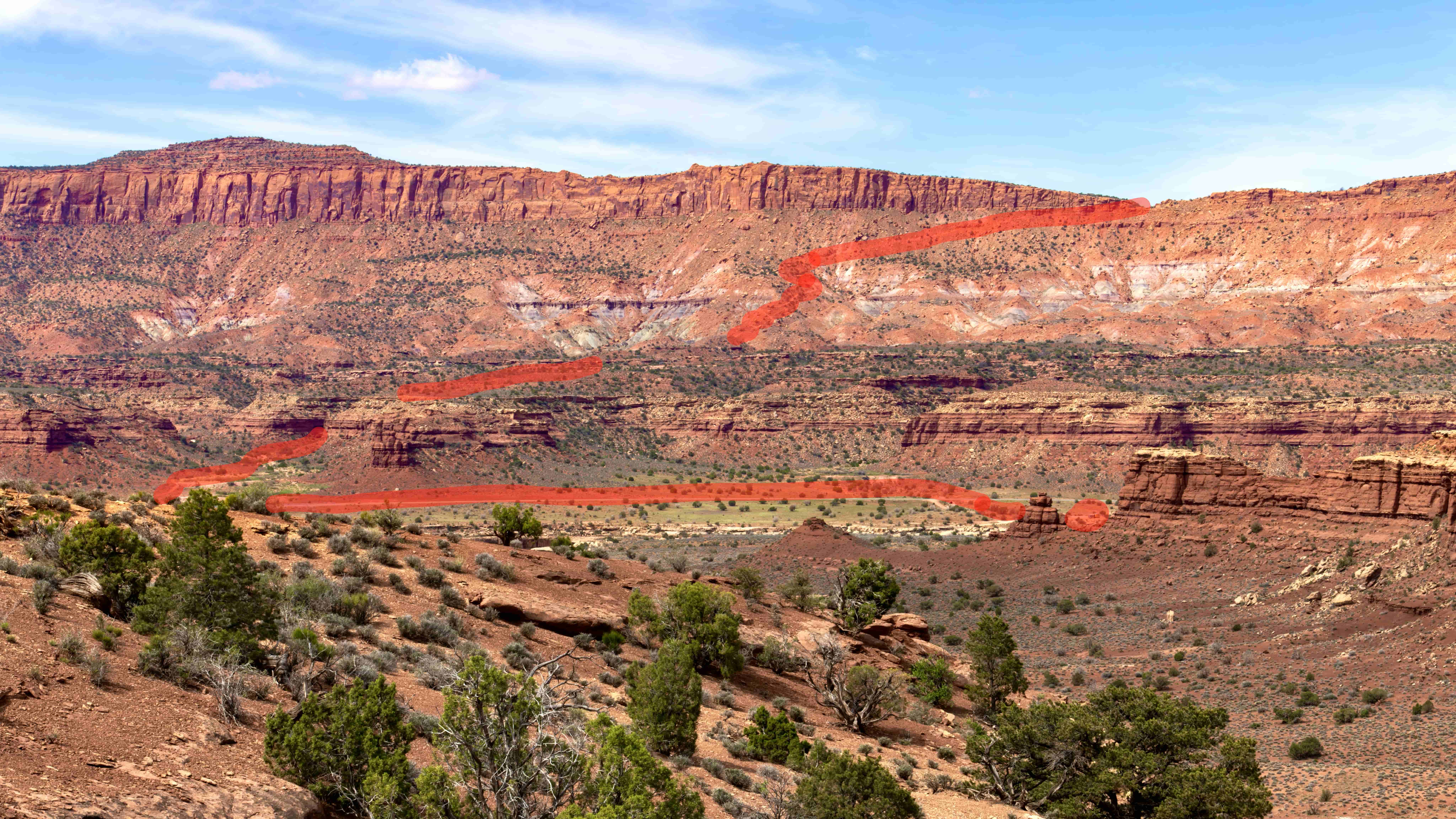 View toward Paiute Pass from across White Canyon, Fry Canyon UT, with hike route